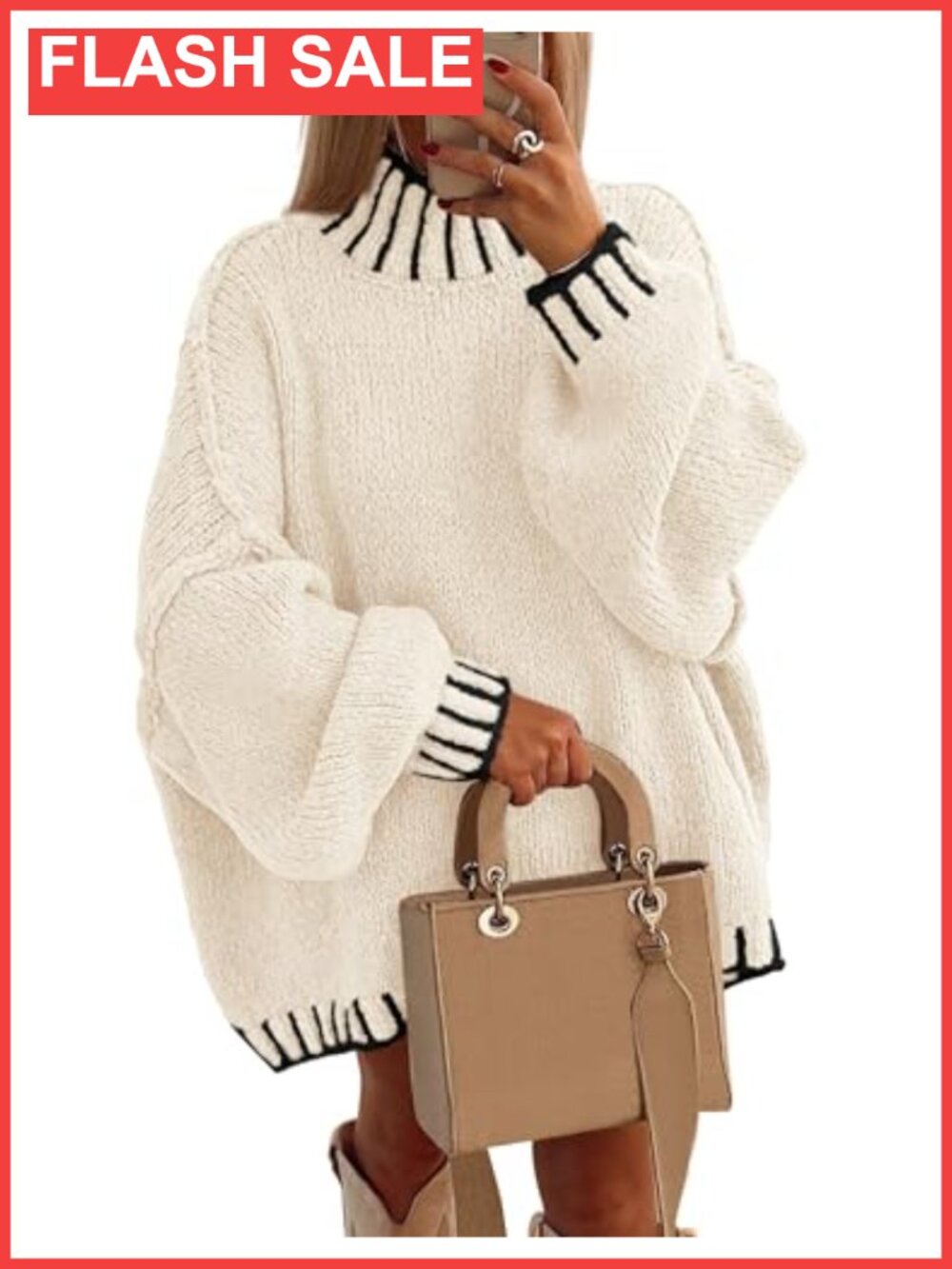 Mock Neck Oversized Pullover Sweater Chunky Knit Tunic Long Sleeve